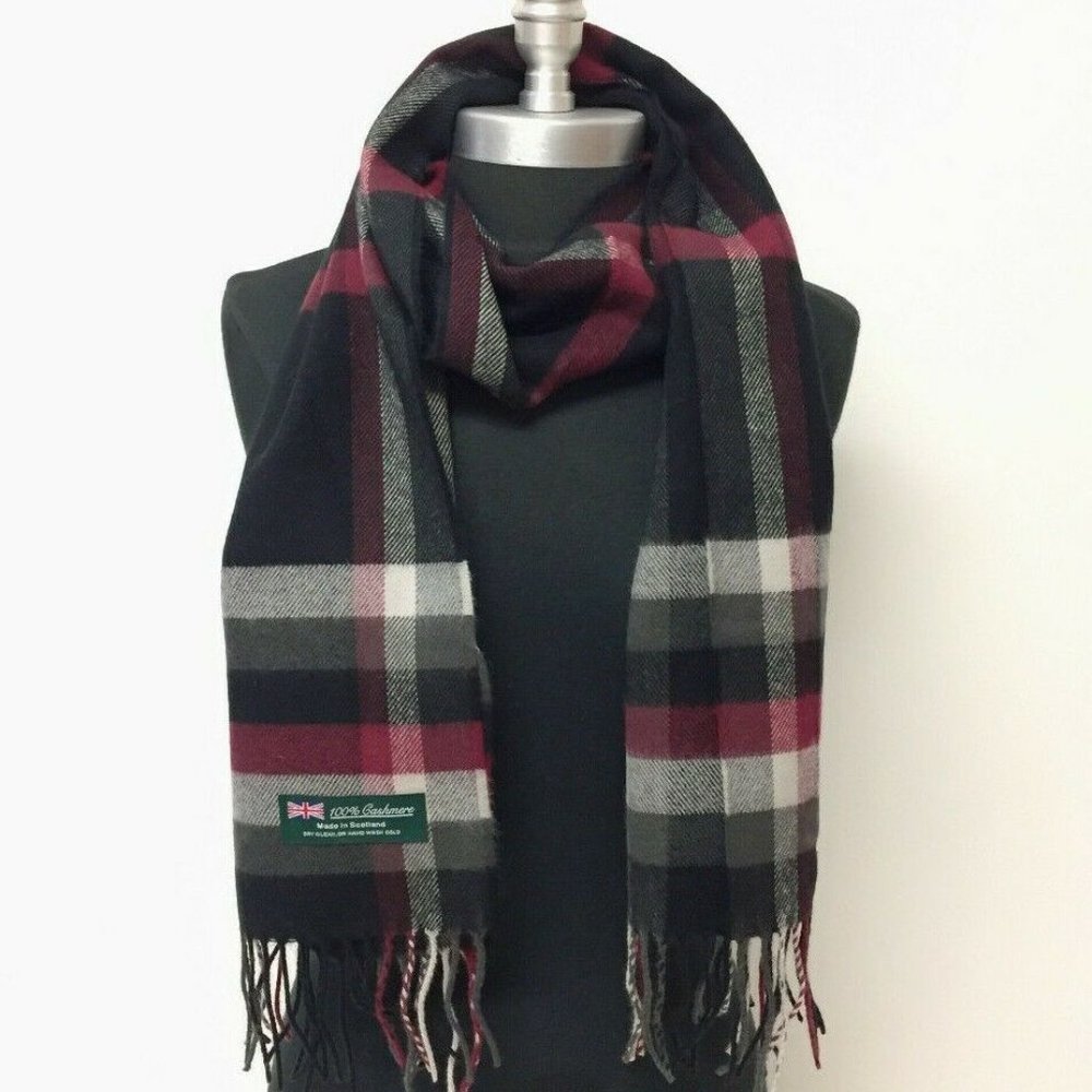 Mens 100% CASHMERE SCARF  Plaid Black/Wine/Gray